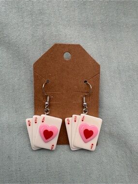 Heart Playing Card Dangle Earrings in Pink & Red